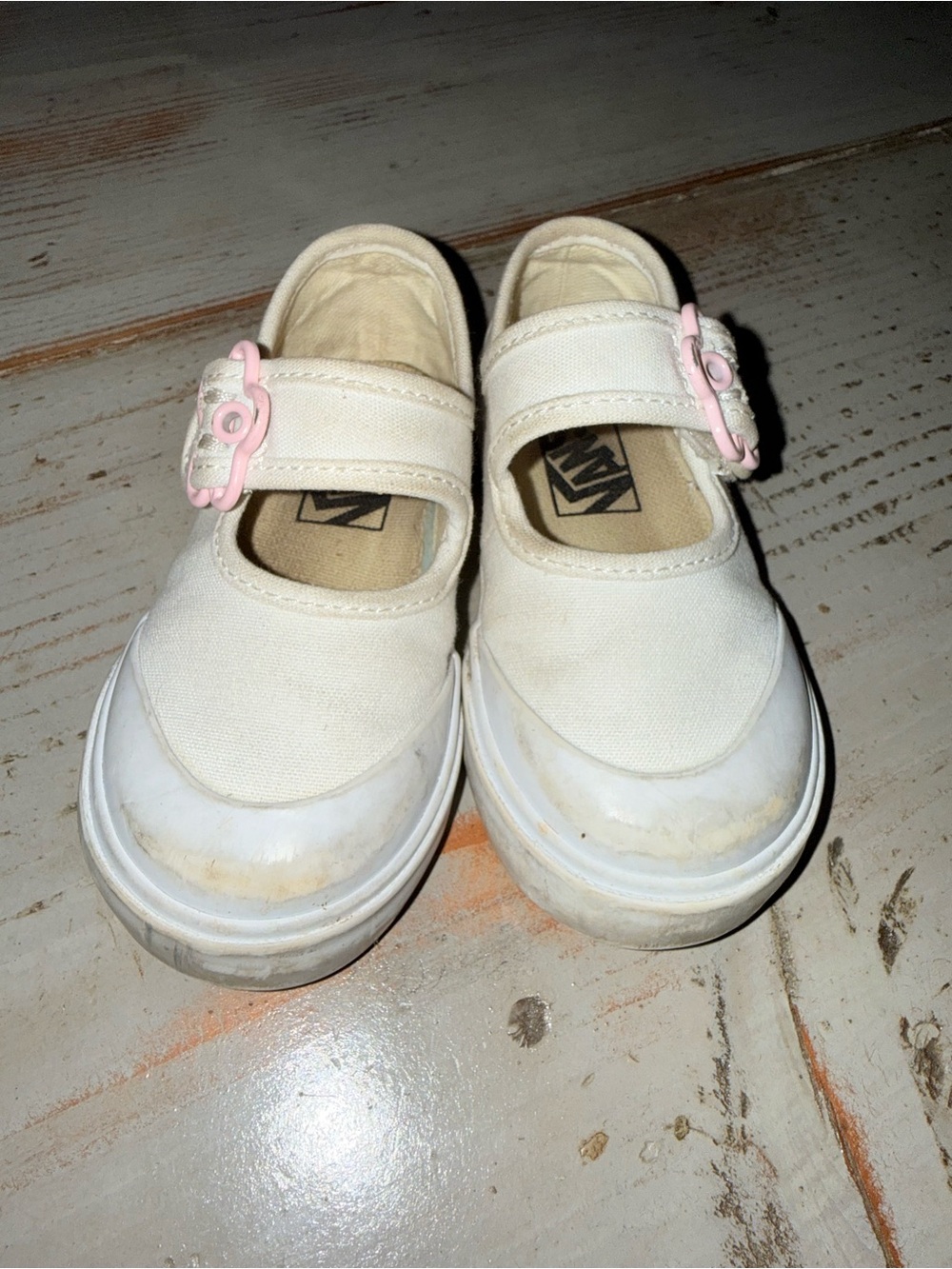 Vans Kids Cream Mary Jane Canvas Sneakers with Pink Flower Accent
